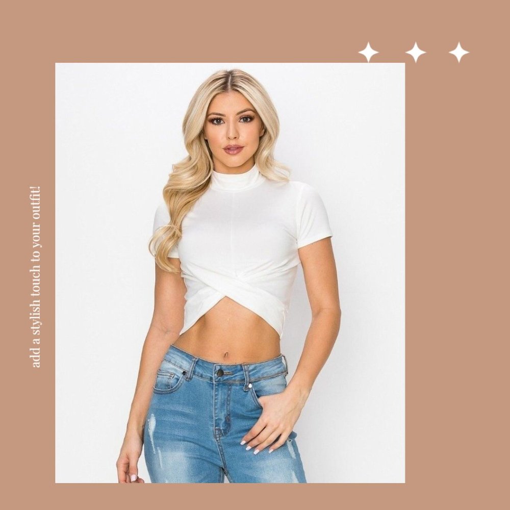 🍑New Heart & Hips Women Front Twist Tee Soft White Mock Neck Casual Look